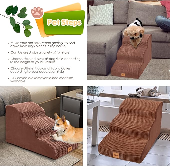 Foam Dog Stairs/Steps, 3 Tiers Pet Ramp/Ladder with Waterproof Cover for Bed Couch Sofa, Non-Slip, Dog Stair for Small Dogs Cats with Old/Injured/Short-Legged, 15.7" H Brown…