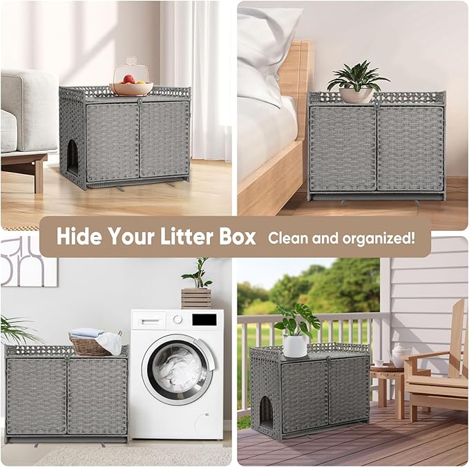 Cat Litter Box Enclosure with 2 Cat Litter Mats, Litter Box Hidder, Hidden Litter Box Cabinet for Dust and Order Control, Hidden Kitty Litter Furniture Rustic Style, Cat Litter Box Furniture