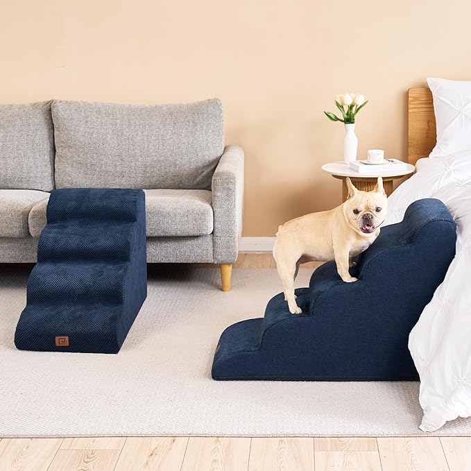 EHEYCIGA Curved Dog Stairs for High Beds 22.6" H, 5-Step Dog Steps for Small Dogs and Cats, Pet Stairs for High Bed Climbing, Non-Slip Balanced Pet Step Indoor, Navy