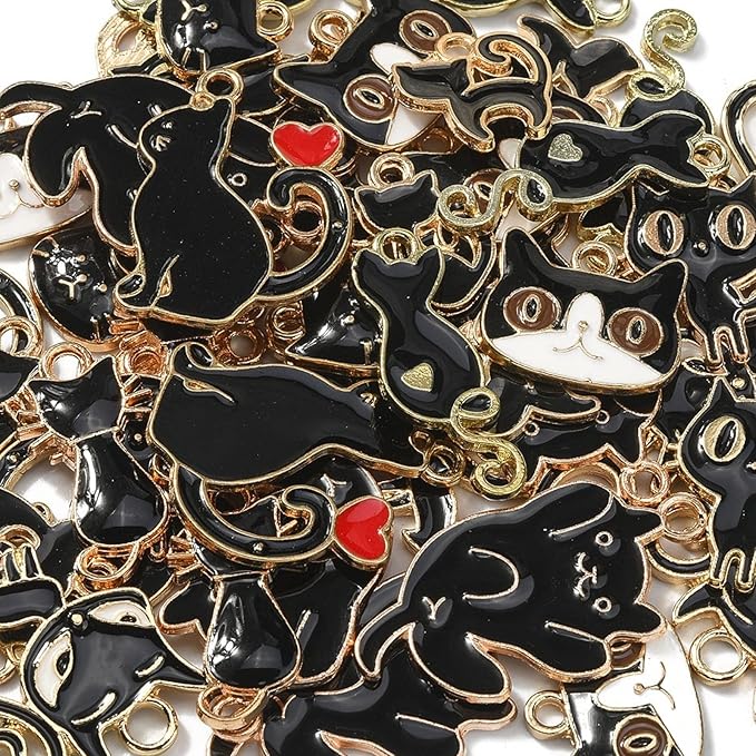 LiQunSweet 50 Pcs 10 Styles Enamel Kitten Animals Black Cat Charms for Jewelry Making Earrings Bracelet Necklace DIY