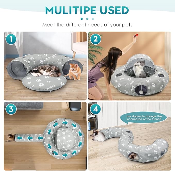 OUHOU Cat Tunnel Bed, Cat Tunnels for Indoor Cats, Peekaboo Cat Cave, Cat Donut Tunnel with Awning, Mat, 4 Balls and 6 Peek Holes, Cat Tubes for Kitten,Bunny, Puppy or Small Animals