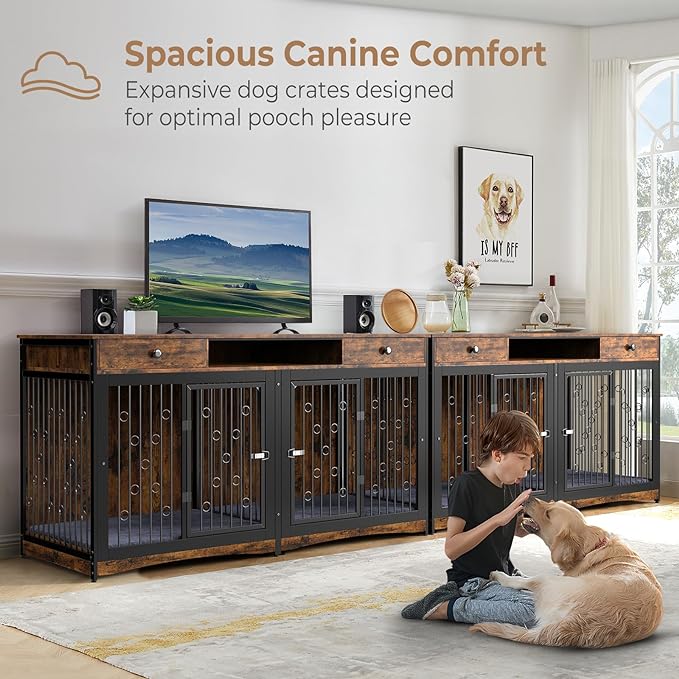 71'' Dog Crate Furniture for 2 Dogs, Wooden Double Dog Crate Large Breed with 2 Drawers, XXL Dog Kennel TV Stand End Table with Divider Cushion for Large Medium Dogs, Brown