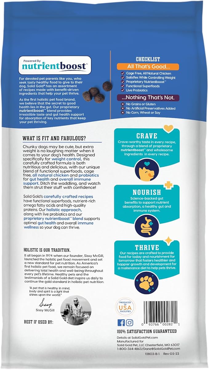 Solid Gold Nutrientboost Fit and Fabulous Dog Food - Dry Dog Food for Weight Control - Digestive Probiotics for Dogs - Grain & Gluten Free - High Fiber & Low Fat - Superfoods & Antioxidants - 22 LB