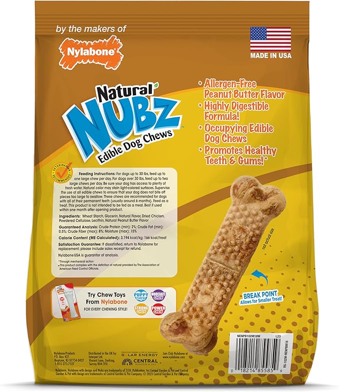 Nylabone Nubz Natural Edible Chew Treats for Dogs, Made in USA, Peanut Butter Flavor, Large - Up to 50 lbs. (18 Count)