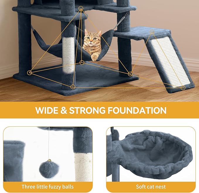 YITAHOME Cat Tree for Indoor Cats, 75 Inches Tall Cat Tower for Large Cats 20 lbs Heavy Duty With Cat Condo, Top Perches,Hammocks, Sisal Scratching Posts and Board, Multi-Level Kitten home, Smoky Grey