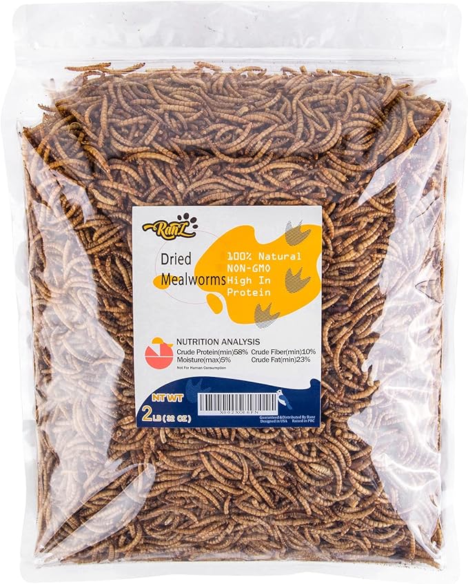 2LBS Non-GMO Dried Mealworms for Chickens, High Protein Meal Worms, Premium Chicken Feed, Whole Large Mealworms for Blue Birds, Ducks, Fish