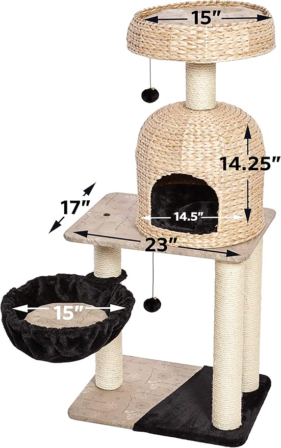 MidWest Homes for Pets Cat Tree | Reid Cat Furniture, 3-Tier Cat Activity Tree w/ Sisal Wrapped Support Scratching Posts & Dangle Play Balls, Woven Rattan & Script Medium Cat Tree