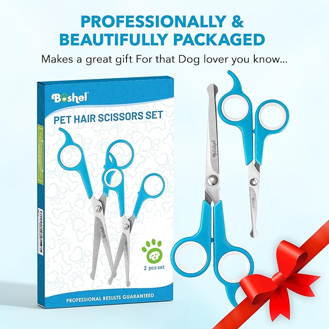 BOSHEL 2 Pc Dog Grooming Kit - Dog Grooming Scissors with Round Tips - 6" Micro Serrated Puppy Trimming Scissor For Face, Ear, Nose & Paw + 7" Pet Grooming Shear cutting more Hair - Dog Scissors Set