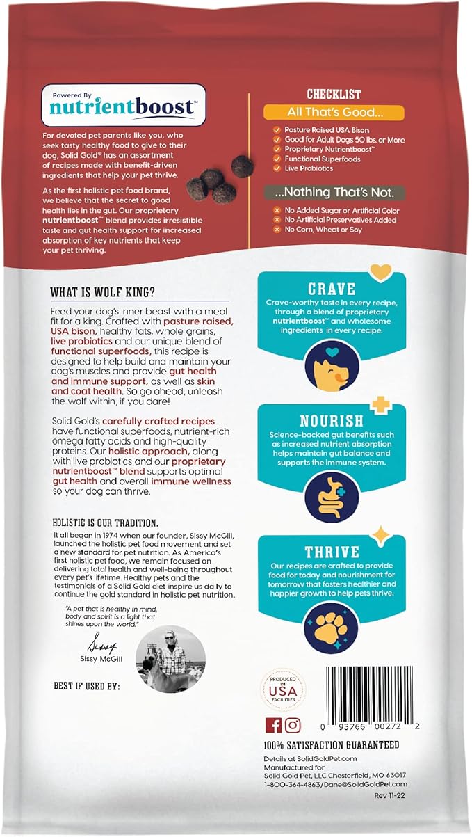 Solid Gold Nutrientboost Wolf King Large Breed Dog Food - Whole Grain Dry Dog Food Kibble Made with Real Bison, Brown Rice & Sweet Potato - Omega 3, Superfood & Digestive Probiotics - 11 LB Bag