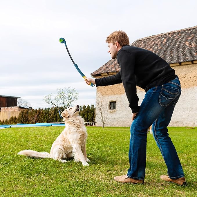 Dog Ball Launcher with 3 Chew Toy Balls, Stretchable Ball Thrower for Small Medium Large Dogs, Adjustable Pet Fetch Toys for Different Sizes of Tennis/Training/Playing/Treat Balls
