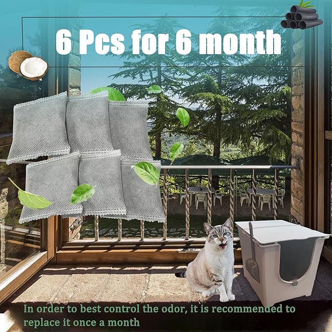 6PCS Activated Charcoal Odor Absorber Bags Compatible with Modkat Flip Cat Litter Box Kit,Natural Freshest Coconut shell Charcoal Bags,Absorb Odors/Control Damp from Pets/Keep Home Fresh