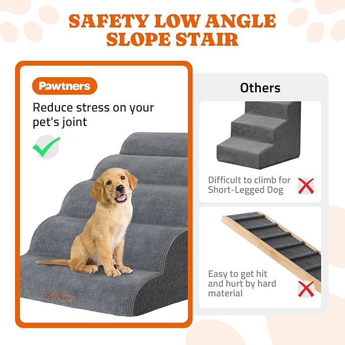 Dog Stairs for Small Dogs: Pawtners 5 Steps Dog Ramp for High Bed, Foam Pet Stairs with for Large Cat and Medium Dogs, Extra Wide Dog Steps for Dogs to Get on Bed for Couch Car Bed Sofa Grey