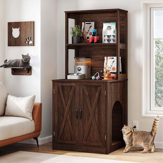 DWVO Large Hidden Litter Box Furniture with Shelves and Charging Station, Wooden Cat Litter Box Enclosure for Self-Cleaning Litter Boxes, Brown Oak