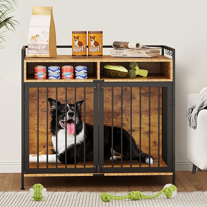 YITAHOME Dog Crate Furniture, 41" Heavy Duty Dog Kennel with 2 Drawers, Wooden Dog Crate End Table for Medium Small Medium Dogs, Rustic Brown