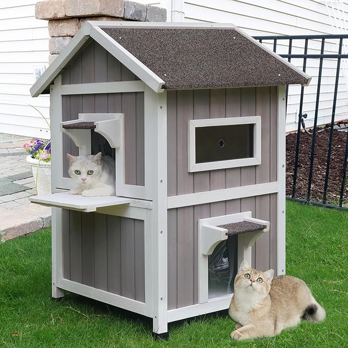 HiCaptain Outdoor Cat House for Feral Cats, Weatherproof Outside Cat Shelter Wooden 2 Story Large Kitty House with Escape Door-Grey