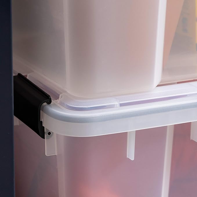 IRIS USA 74 Qt Storage Box with Gasket Seal Lid, 2 Pack - BPA-Free, Made in USA - Heavy Duty Moving Containers with Tight Latch, Weather Proof Tote Bin, WEATHERPRO - Clear/Black