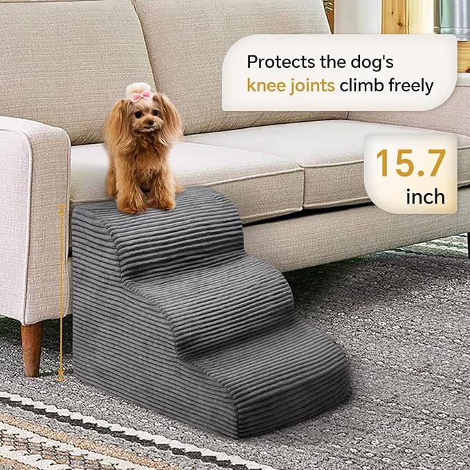 Curved Dog Stairs Ramp for Beds Couches and Chair, 15.7" H, 3-Step Dog Steps for Small Dogs, Pet Stairs for Cats with Non-Slip, Removable and Washable Cover,Balanced Pet Steps Indoor, Deep Grey