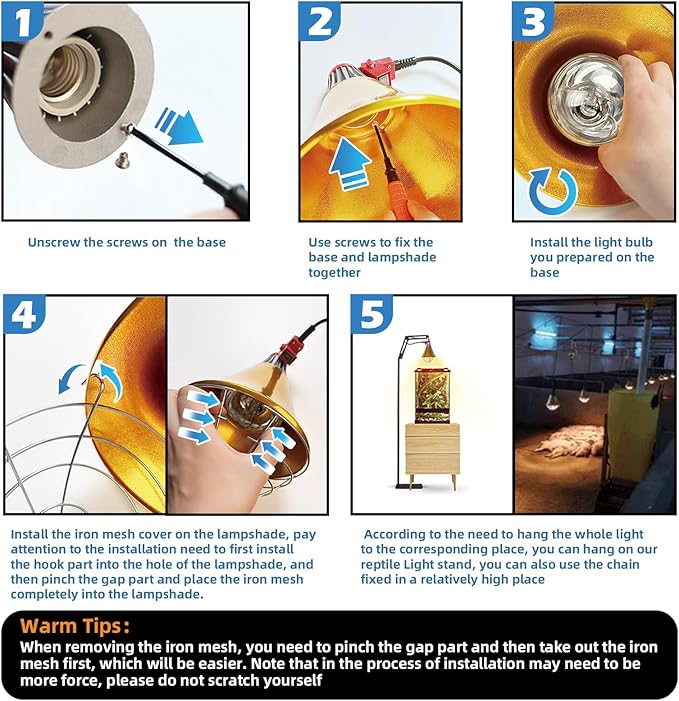Reptile Heat Lamp Fixture 8.5inch Deep Dome Light MAX 300W Reptile Light Fixture for Heat Bulbs UVB Bulbs Basking Light for Reptiles Bearded Dragon Chicken Dog Pig(Bulb Not Included)