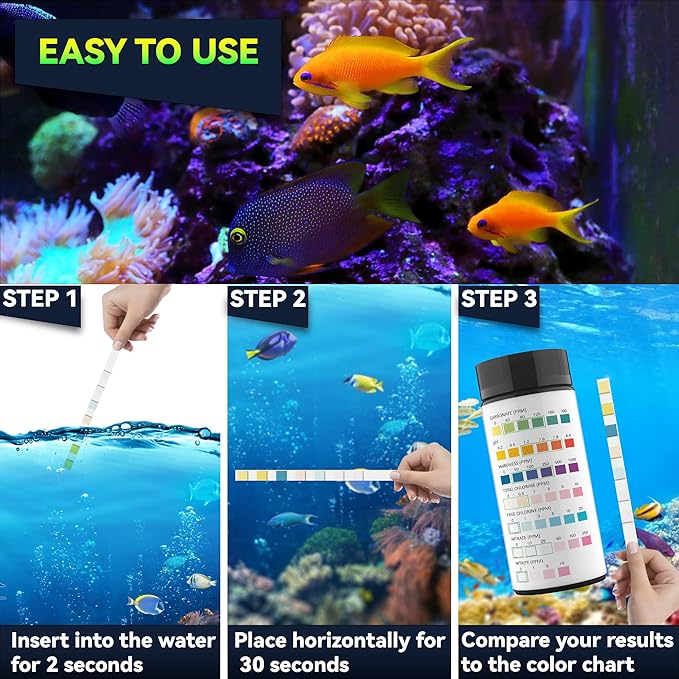 7 in 1 Aquarium Test Strips for Freshwater Aquarium - 100 Strips Fast & Accurate Aquarium Water Test kit for Fish Tank/Aquarium/Pond/, Monitors pH, Hardness, Chlorine, Nitrate, Nitrite and More