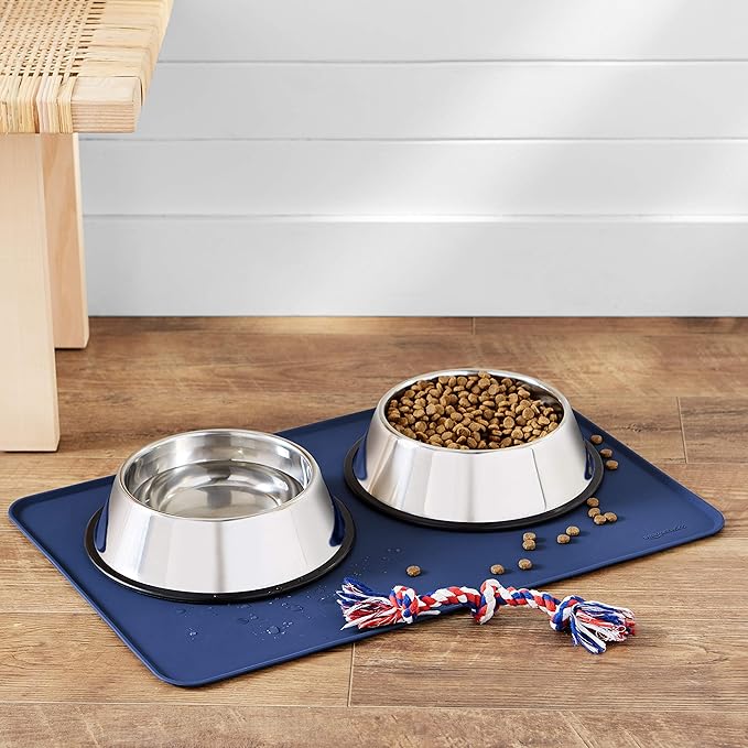 Amazon Basics Waterproof Anti-Slip Silicone Pet Food and Water Bowl Mat, 24 x 16 Inches, Solid, Blue