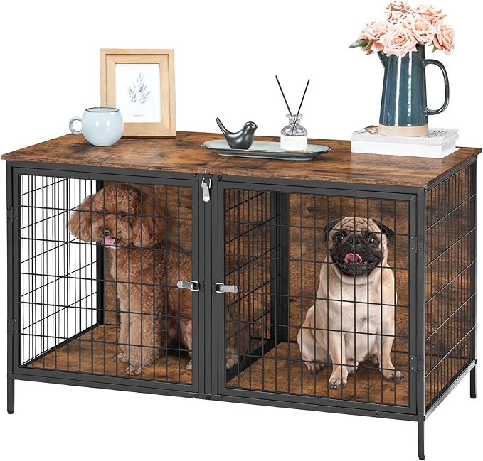 Dog Crate Furniture for 2 Dogs, 43.3" Dog Kennel with Removable Divider, Heavy Sturdy Dog Furniture Style Double Cage for Small Medium Dog, Indoor Dog House End Table, Rustic Brown DCHR1201
