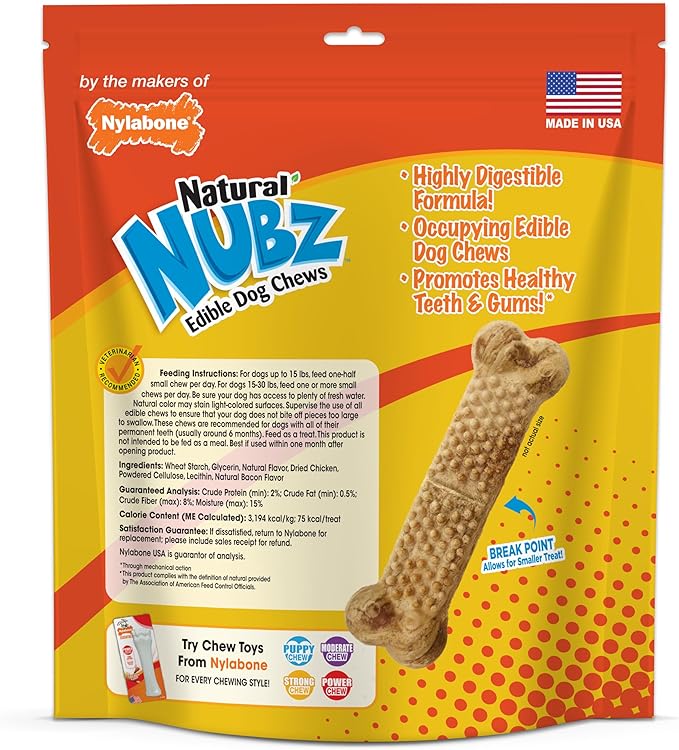 Nylabone Nubz Natural Edible Chew Treats for Dogs, Made in USA, Chicken Flavor, Small - Up to 25 lbs. (36 Count)