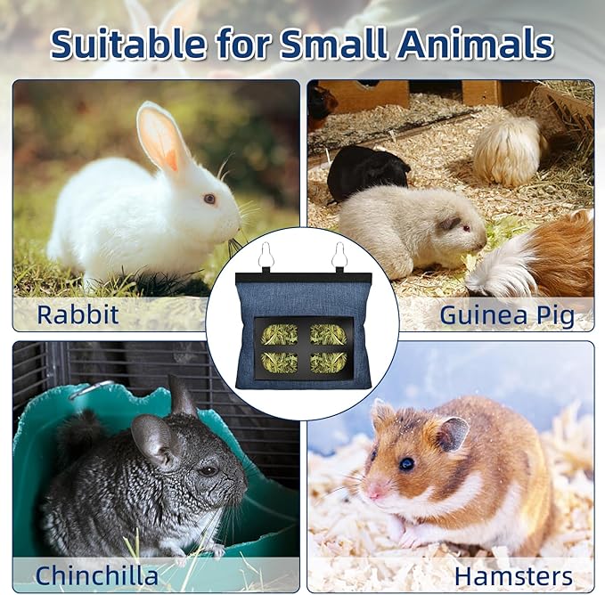 Guinea Pig Hay Feeder,Bunny Hay Feeder Bag,Rabbit Hay Feeder,Rabbit Hanging Feeder Bag Sack Type Large Capacity Feeder Bag for Small Animals Hanging 4 Holes Hay Hanging Feeder Storage Bag (Blue)
