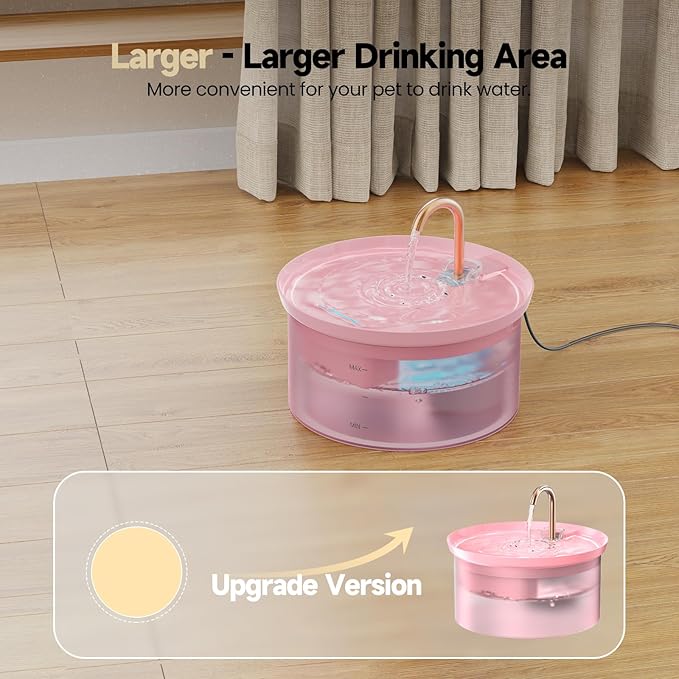 Cat Water Fountain + 6Filters + 3 Sponges: 88Oz Pet Fountain 24/7 Running Water Fresh Help Pets Drink More Water Activated Carbon Filter 5V Ultra Silent Pump Increase Drinking Area(Pink)