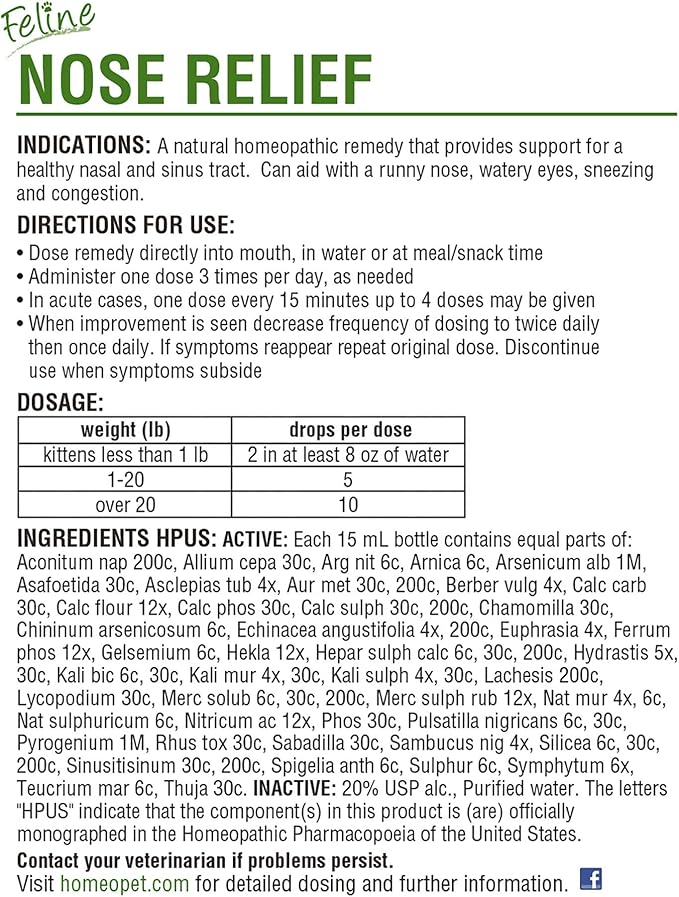 HomeoPet Feline Nose Relief, Natural Nasal and Sinus Medicine for Cats, Pet Medicine, 15 Milliliters