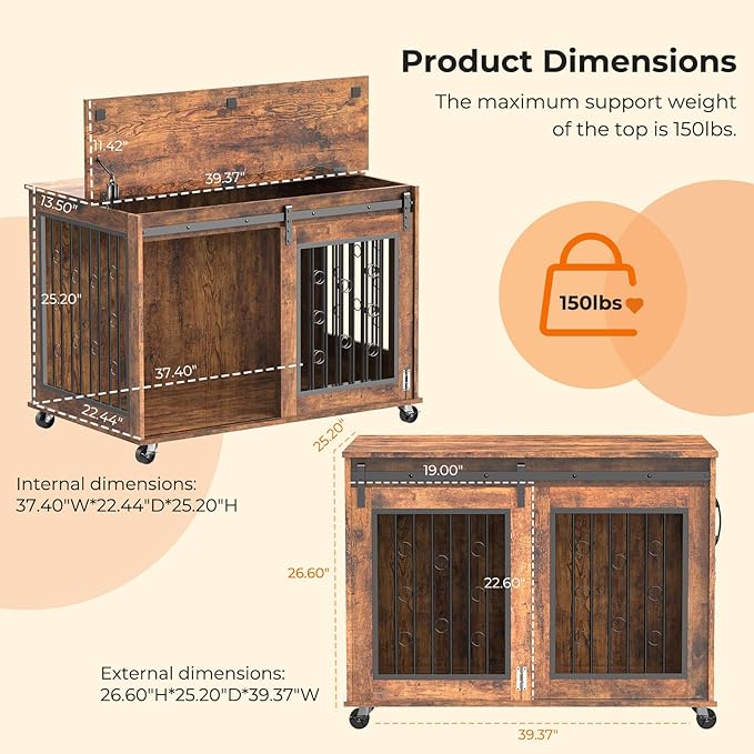 Furniture Style Dog Crate End Table with Sliding Barn Door, Indoor Dog Kennel Furniture with Removable Divider for 2 Small to Medium Pets, Brown, 39.37''W×25.2''D×28.94''H