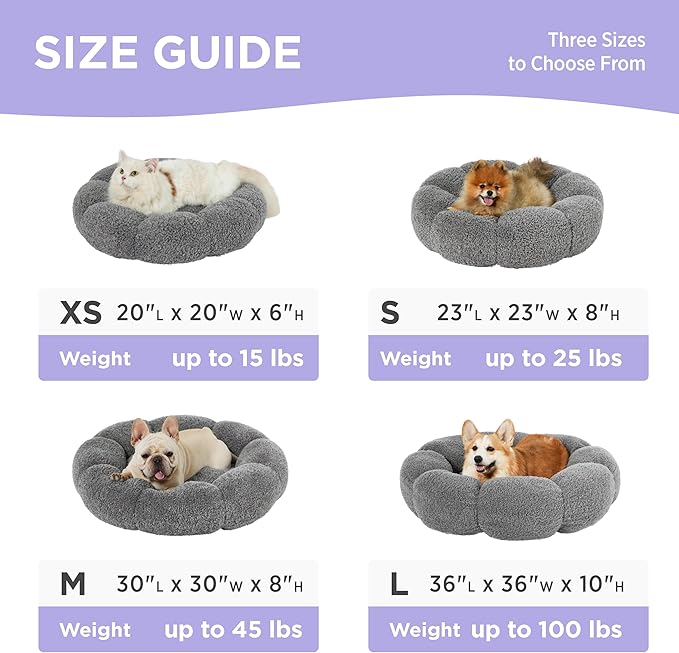 Lesure Calming Small Dog Bed - Flower Donut Round Fluffy Puppy Bed in Plush Teddy Sherpa, Non-Slip Cute Flower Cat Beds for Indoor Cats, Small Pet Bed Fits up to 25 lbs, Machine Washable, Grey 23"