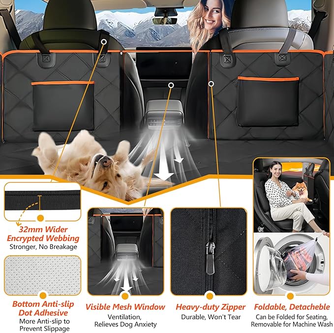 Back Seat Extender for Dogs, Dog Car Seat Cover Hard Bottom Holds 400lbs, Sturdy Backseat Extender for Dogs, Waterproof Dog Hammock for Car, SUV, Truck Orange