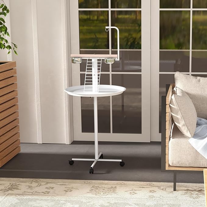 NicBex 54.25" Large Bird Stand with Wheels,Bird Play Stand for Parrot Lovebirds Finches Parakeets Budgie Parrotlet Conures,Parrot Stand with Perches, Stainless Steel Feed Bowls,Toy Hanger,White