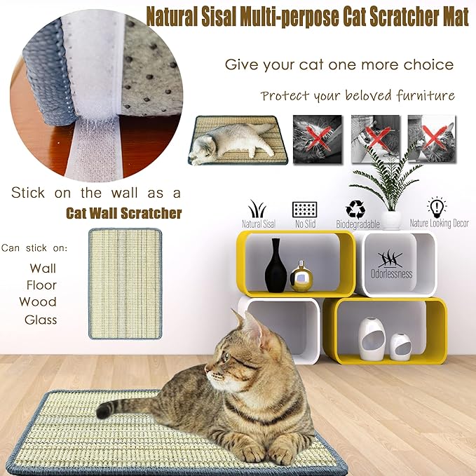 Cat Scratching Pad, 23.6 x 15.7inch Sisal Cat Scratch Mat with Velcro Tapes,Stick on Floor Scratch Pad for Cat Wall Scratcher,Horizontal Cat Scratcher Protect Carpets and Sofa (Striped Style)