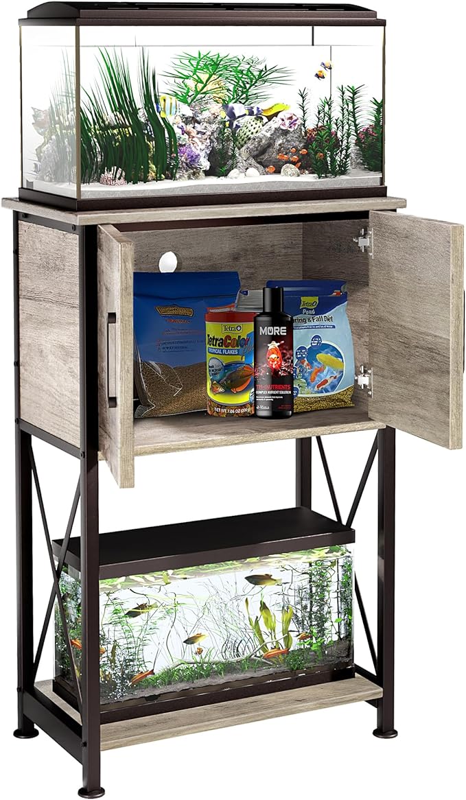 5-10 Gallon Fish Tank Stand, Metal Double Aquarium Stand with Cabinet for Fish Tank Accessories Storage, Heavy Duty 20.5" L* 11.02" W Tabletop, 500LBS Capacity Grey PG06YGZ