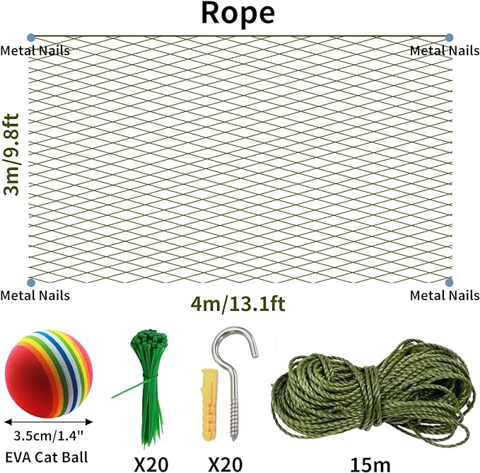 Cat Netting Balcony, Upgraded HDPE & Stainless Steel Tough Balcony Netting for Pets, 10FT X 13.1FT Anti Fall Cat Balcony Netting for Window, Balcony, Stairs, with Cat Ball