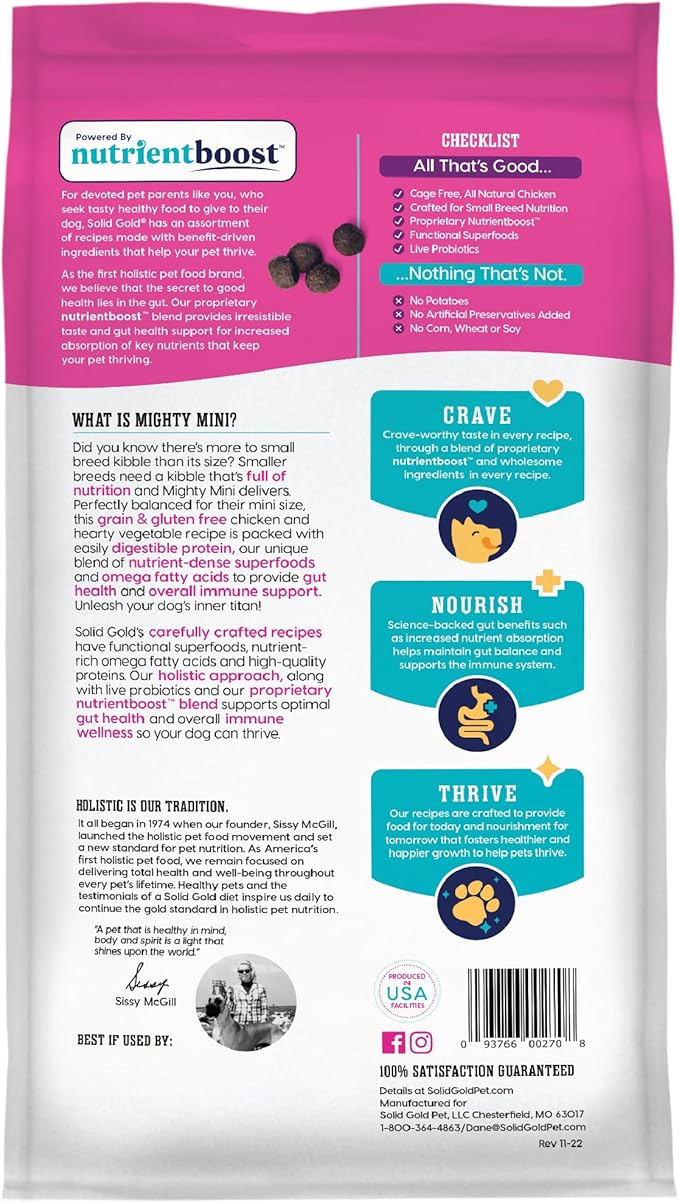 Solid Gold Nutrientboost Mighty Mini Small Breed Dog Food - Dry Dog Food Made with Real Chicken for Any Toy Breed - Grain & Gluten Free Recipe for Gut Health & Sensitive Stomach Support - 3.75 LB Bag