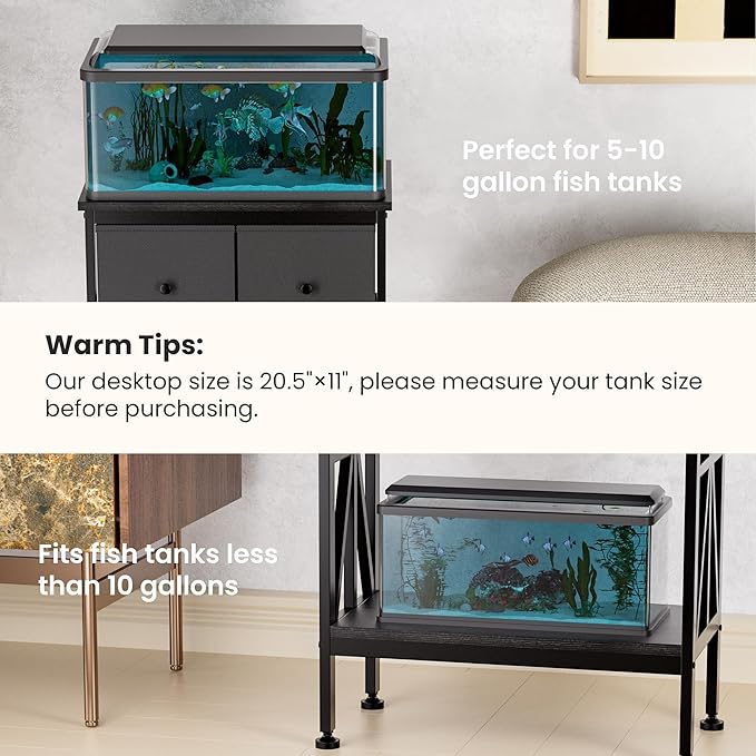 5-10 Gallon Fish Tank Stand, Heavy Duty Aquarium Stand with Dual-Tiered Cabinet, Accessory Storage Solution for Viewing Experience in Home & Office (20.47" L* 11.02" W)