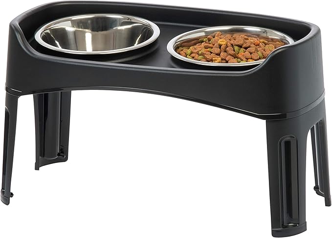 IRIS USA Elevated Dog Bowls, Adjustable Height, 2 Thick 64 oz Stainless Steel Bowls, Spill-Proof with Raised Outer Rim, Durable Made in USA Plastic, Easy Assemble, 2 Heights 4.63" or 12.25" Black