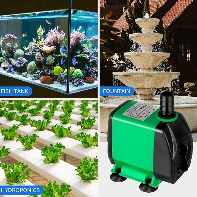 Simple Deluxe 10ft High Lift 800GPH 24W Water Table Pump (3000L/H) with 3 Nozzles, Perfect for Fish Tank, Pond, Aquarium, Statuary, Hydroponics, Fountain, Green
