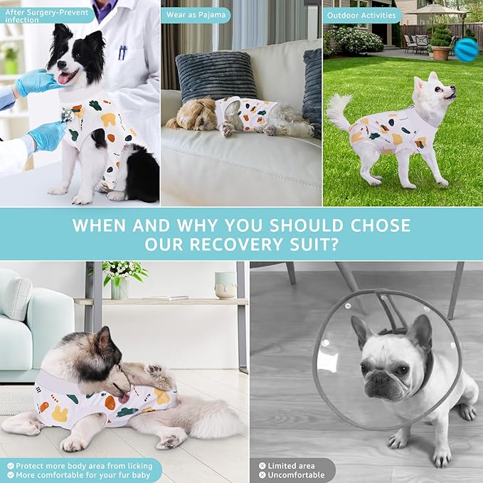Recovery Suit for Dogs, Dog Surgery Recovery Suit with Zipper Closure Post Spay, Neuter, Abdominal Surgical Suit for Male Female Dogs Can Pee, Prevent Licking Dog Onesies, White Bear, L