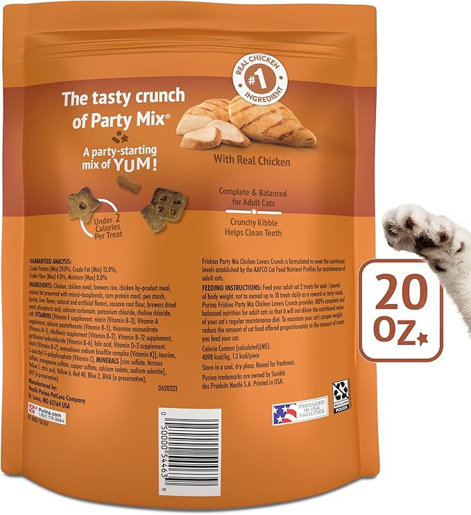 Purina Friskies Made in USA Facilities Cat Treats, Party Mix Chicken Lovers Crunch - 20 oz. Pouch