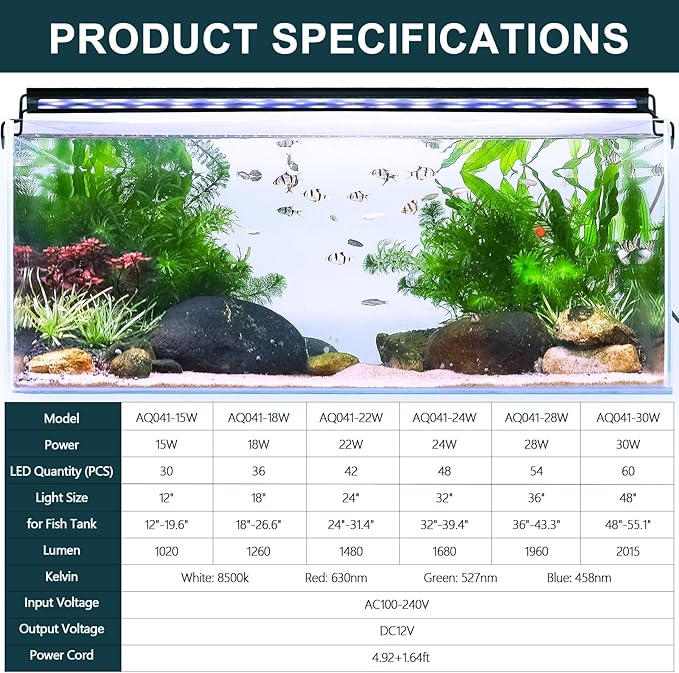 AQQA Aquarium Light with 14 Fish Tank Light Modes Adjustable Brightness Timer 18W LED Aquarium Light for Plants, Aluminum Alloy Shell Extendable Brackets Fit for 18-27 Inch Fish Tank