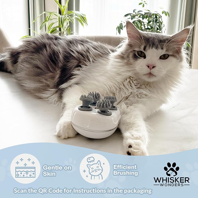 Scalp Massager Pet-Friendly Silicone Massage Brush - Soothing Head, Scalp and Body Scrubber for Pets - Cat Face Electric Sratchers - Gentle Grooming Tool for Ultimate Relaxation (White)