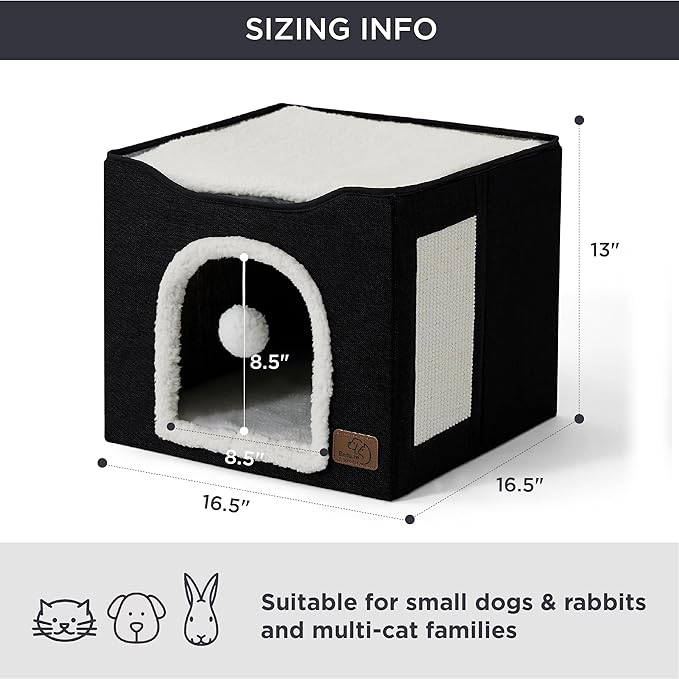 Bedsure Cat Beds for Indoor Cats - Large Cat Cave for Pet Cat House with Fluffy Ball Hanging and Scratch Pad, Foldable Cat Hideaway,16.5x16.5x13 inches, Black