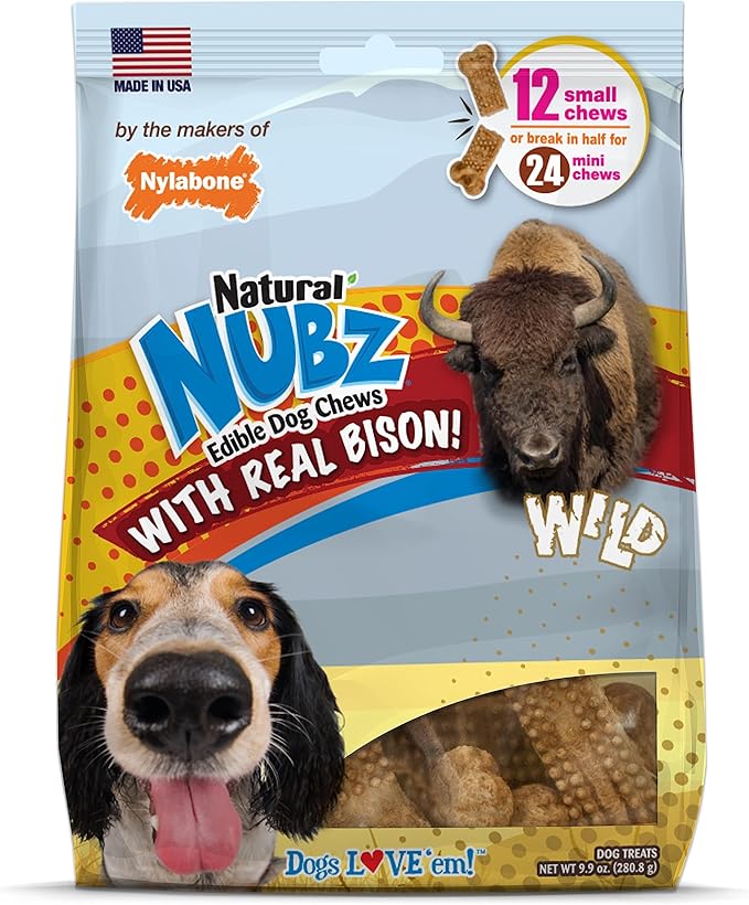 Nylabone Nubz WILD Natural Edible Chew Treats for Dogs, Made in USA, Bison Flavor, Small - Up to 25 lbs. (12 Count)