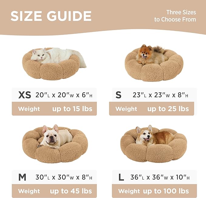 Lesure Calming Small Dog Bed - Flower Donut Round Fluffy Puppy Bed in Plush Teddy Sherpa, Non-Slip Cute Flower Cat Beds for Indoor Cats, Small Pet Bed Fits up to 25 lbs, Machine Washable, Camel 23"