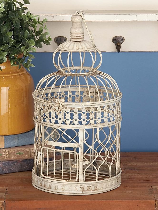 Deco 79 Metal Round Birdcage with Latch Lock Closure and Hanging Hook, Set of 2 22", 18"H, Cream