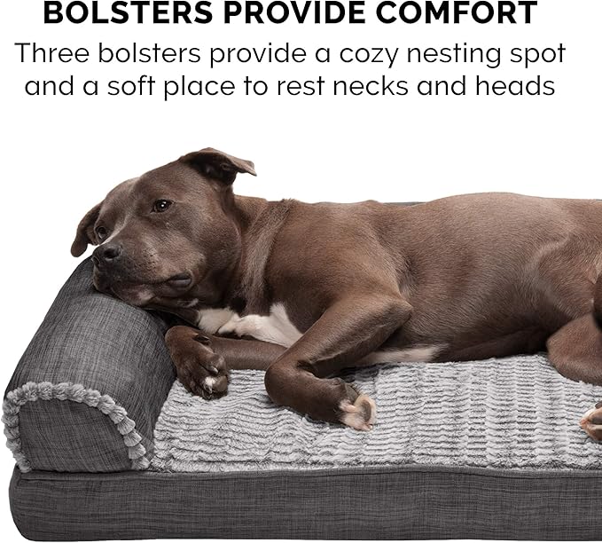 Furhaven Memory Foam Dog Bed for Large Dogs w/ Removable Bolsters & Washable Cover, For Dogs Up to 125 lbs - Luxe Faux Fur & Performance Linen Sofa - Charcoal, Jumbo Plus/XXL