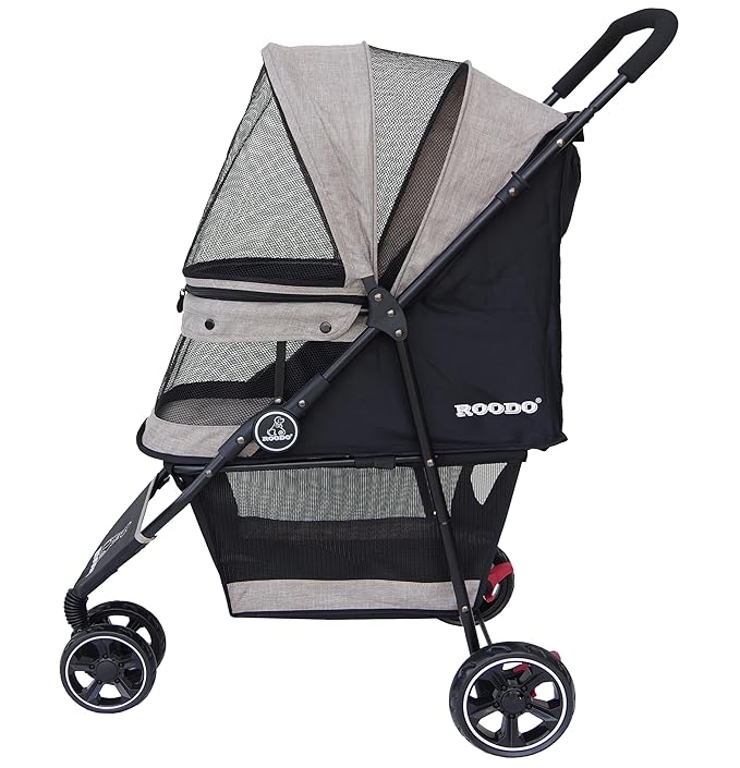 ROODO Dog Stroller 3Wheel Pet Stroller Cat Stroller Lightweight Foldable Portable Compact Jogger Pet Gear Puppy Travel Pet Stroller Suitable for 30lbs Small Dogs and Cats (Light Khaki)